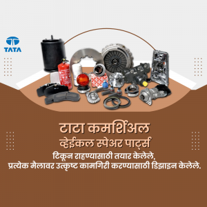 Assortment of Tata Commercial Vehicle spare parts on a light blue background with Tata logo.