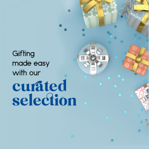 Assorted gift boxes with ribbons and confetti, promoting curated gift selections.