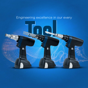 Three black power tools displayed against a blue gradient background with digital circuit patterns.