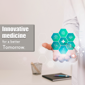 A person presenting a holographic display of medical icons representing innovative medicine.