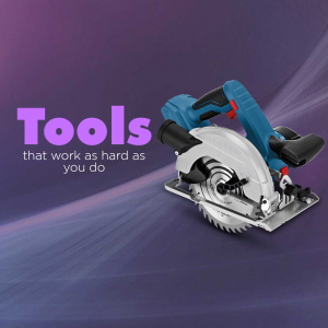 Blue circular saw on a purple and white gradient background with the text 'Tools that work as hard as you do'