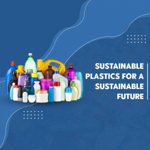 Pile of plastic bottles and containers with text promoting sustainable plastics