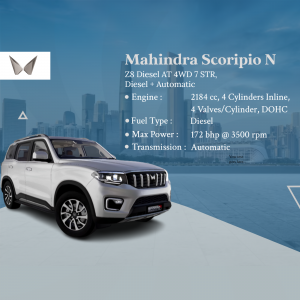 Silver Mahindra Scorpio N Z8 Diesel 4WD 7 STR vehicle with specifications