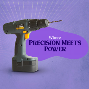 A gray and orange power drill against a purple background with text 'Where Precision Meets Power'