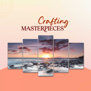 Five-panel wall art depicting a vibrant sunset over the ocean with rocky shoreline.