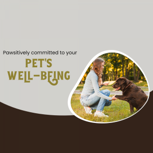 A woman interacting with her chocolate labrador retriever in a park setting, with text promoting pet well-being.