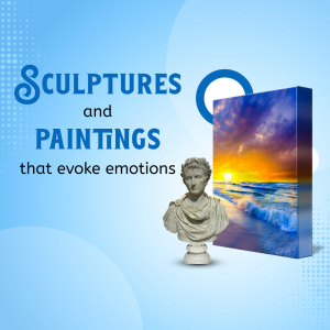 Advertisement for an art exhibition featuring sculptures and paintings.