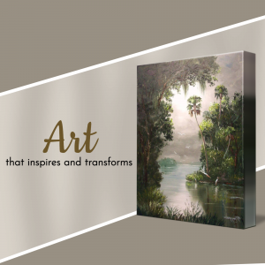 A painting of a lush landscape with a river and palm trees.