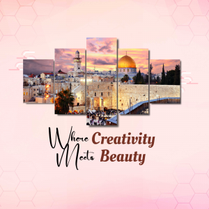 Five-panel wall art depicting a sunset over the Dome of the Rock in Jerusalem.