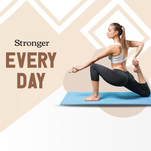 Woman doing a yoga pose on a blue mat with motivational text.