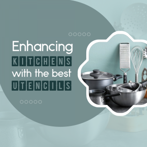 Kitchen utensils and cookware on a teal background with text 'Enhancing Kitchens with the best UTENSILS'