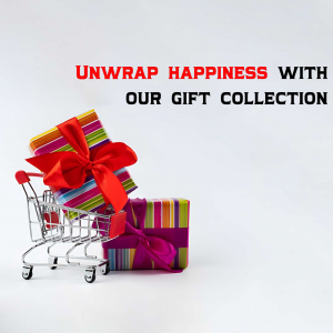 A miniature shopping cart filled with colorful gift boxes with a red ribbon, promoting a gift collection.