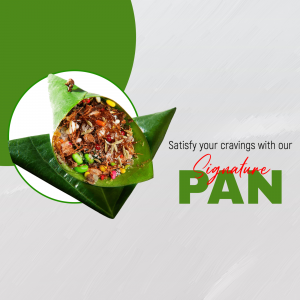 Close-up of a traditional Indian Pan leaf with filling, advertising a signature Pan offering.