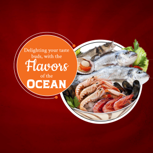 A promotional image featuring a variety of fresh seafood on a plate.