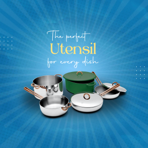 A collection of stainless steel cookware with green and copper accents against a blue burst background.