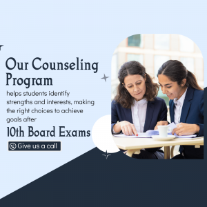 Two women discussing documents at a table, promoting a counseling program for students after 10th board exams.