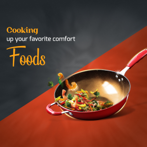 Close-up of a red frying pan with stir-fried vegetables