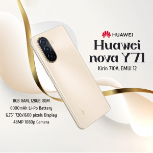 Huawei Nova Y71 smartphone with gold finish and specifications