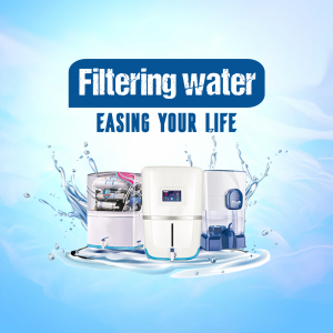 Image of water filters with a splash effect and text 'Filtering water, Easing Your Life'