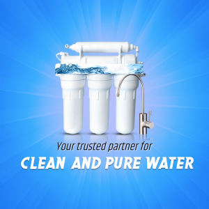White water filter system with blue background and text promoting clean water