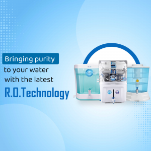 Three RO water purifiers with a blue background and text promoting purity.