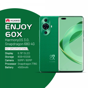 Huawei Enjoy 60x smartphone with green back and key specifications listed