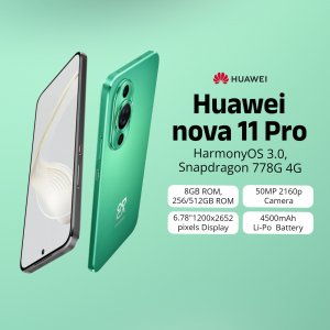 Huawei Nova 11 Pro smartphone in green color with specifications