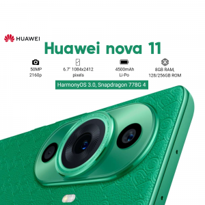 Close-up of the Huawei Nova 11 smartphone in green