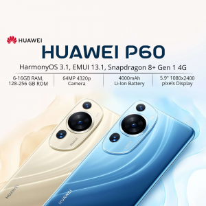 Huawei P60 smartphone in cream and blue colors with specifications