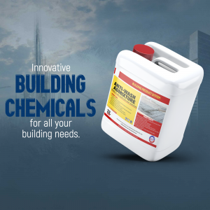 A white plastic container of building chemicals with a red cap, displayed against a blurred cityscape background.