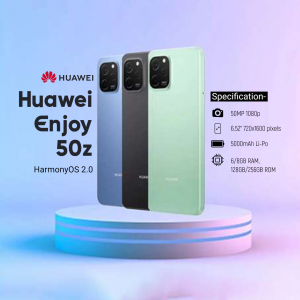 Huawei Enjoy 50z smartphone in three colors - black, blue, and green - displayed on a pedestal with specifications.