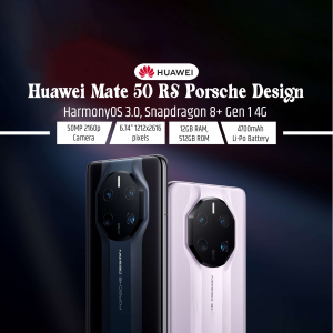 Huawei Mate 50 RS Porsche Design smartphone in blue and pink colors with specifications.