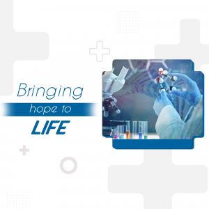 Image depicting medical research with a scientist working in a lab and text 'Bringing hope to LIFE'