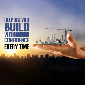 Hand holding a miniature city with a construction crane, symbolizing growth and reliability.