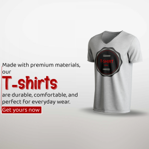 Close-up of a gray V-neck t-shirt with a graphic design, promoting comfortable and durable t-shirts.