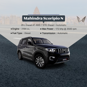 Gray Mahindra Scorpio N SUV with specifications displayed