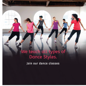 Group of women dancing in a studio with text promoting dance classes