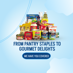 A colorful assortment of grocery items including canned goods, sauces, noodles, and beverages.