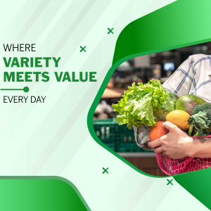 Person carrying a basket of fresh vegetables and fruits.
