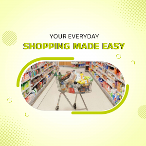 Image of a shopping cart filled with groceries in a supermarket with text 'Your Everyday Shopping Made Easy'