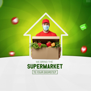 Delivery person with fresh produce in a box, representing grocery delivery to your door.