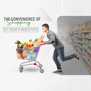 Man pushing a shopping cart filled with groceries, representing the ease of shopping.