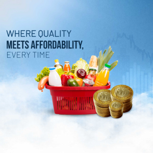 A red shopping basket filled with fresh groceries and coins, with text 'Where Quality Meets Affordability, Every Time'.