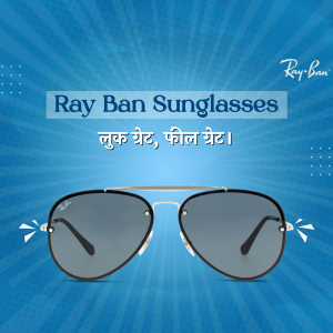 Ray-Ban Aviator sunglasses on a blue gradient background with text in English and Hindi.