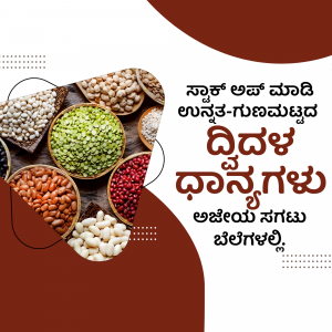 A colorful assortment of lentils and pulses in bowls with text in Kannada.