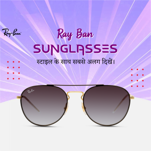 Ray-Ban sunglasses with a vibrant purple and pink background and Hindi text.