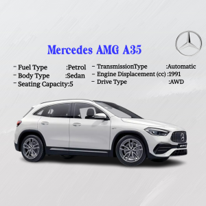 Side view of a white Mercedes-AMG A35 sedan with specifications listed.