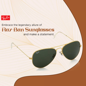A promotional image featuring Ray-Ban Aviator sunglasses against a brown background.