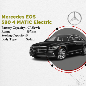 Black Mercedes EQS 580 4MATIC Electric car with specifications highlighted