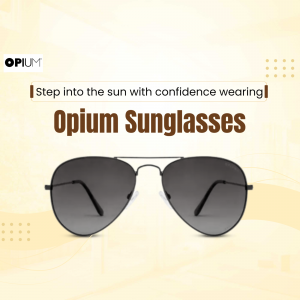 A pair of black Opium Sunglasses displayed against a warm yellow background.